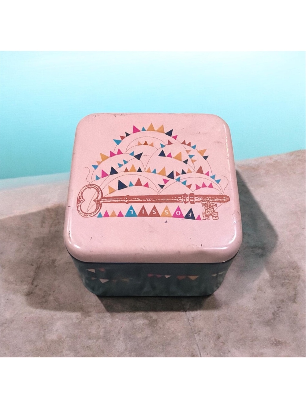 Fossil Decorative Metal Storage Tin Box with Key and Banner Design